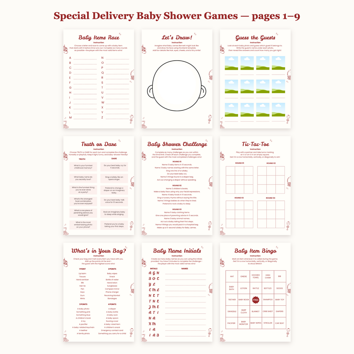 All Special Delivery baby shower game pages 1-9
