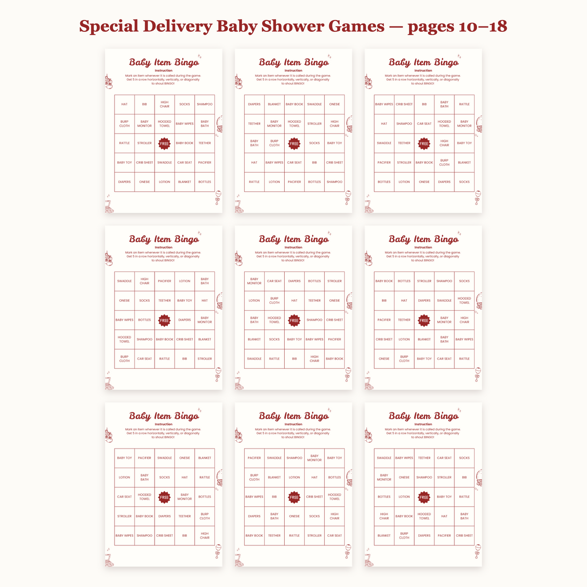 All Special Delivery baby shower game pages 10-18