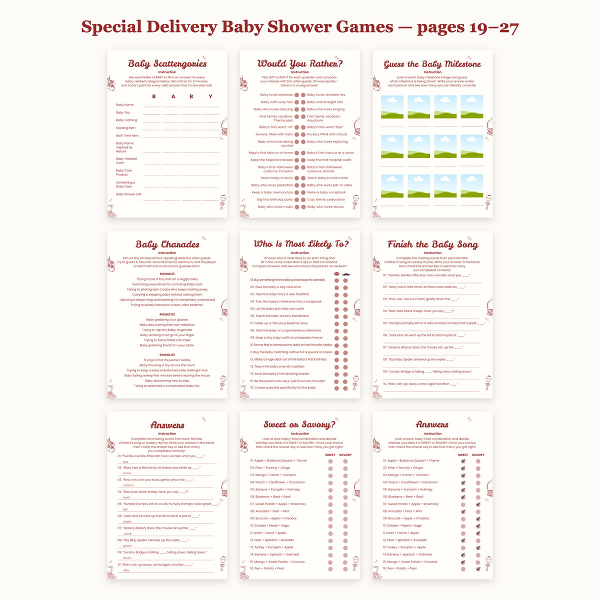 All Special Delivery baby shower game pages 19-27