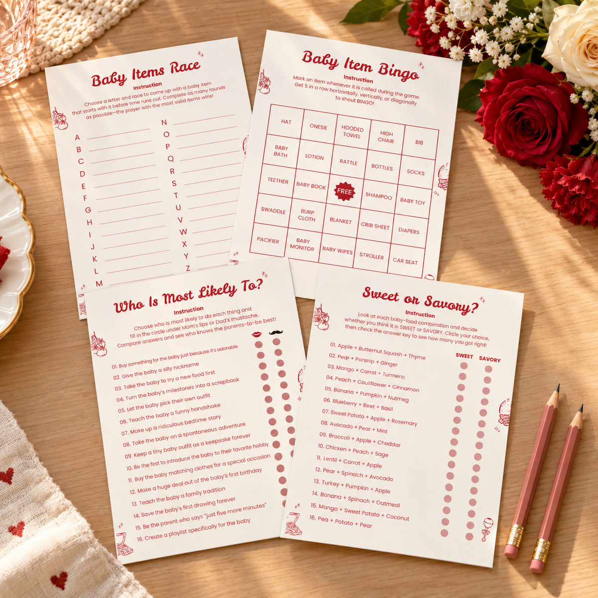 Special Delivery baby shower game cards fanned on a table with pencils and red and cream flowers
