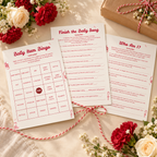 Flat lay of three Special Delivery baby shower game cards with red and white twine and a kraft parcel