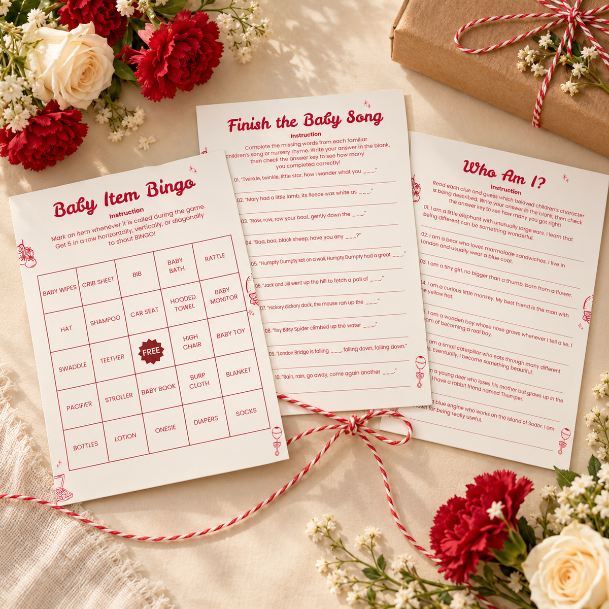 Flat lay of three Special Delivery baby shower game cards with red and white twine and a kraft parcel