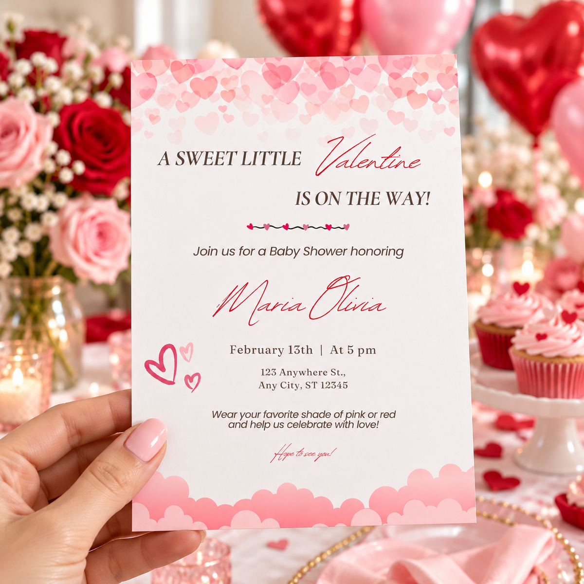Hand holding the Sweet Little Valentine baby shower invitation at a pink and red party table