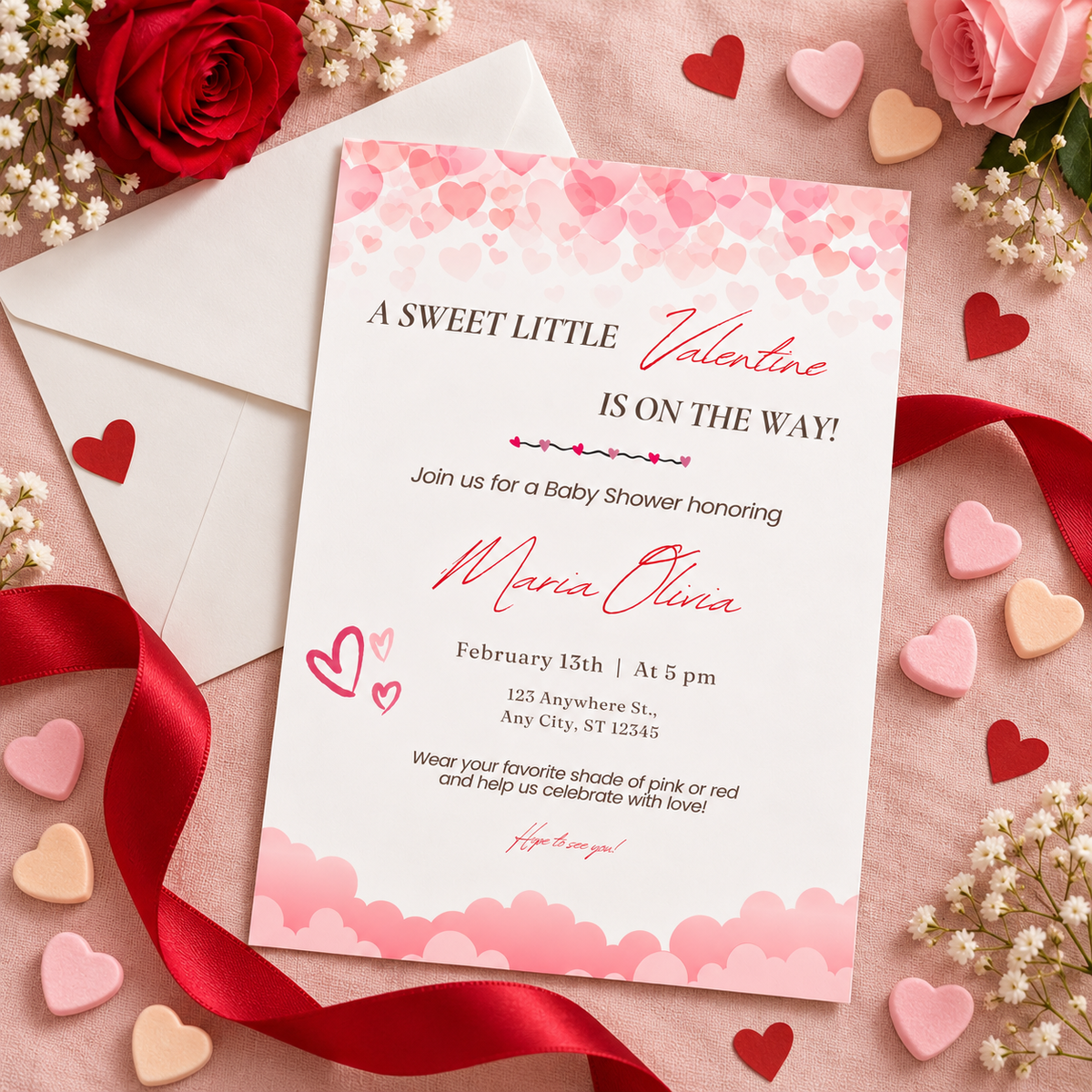 Valentine baby shower invitation flat lay with envelope, red ribbon and conversation heart candies