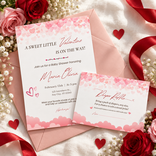 Sweet Little Valentine diaper raffle card tucked with the matching baby shower invitation on a blush envelope