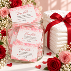 Valentine diaper raffle cards in a glass jar next to diapers tied with a red ribbon