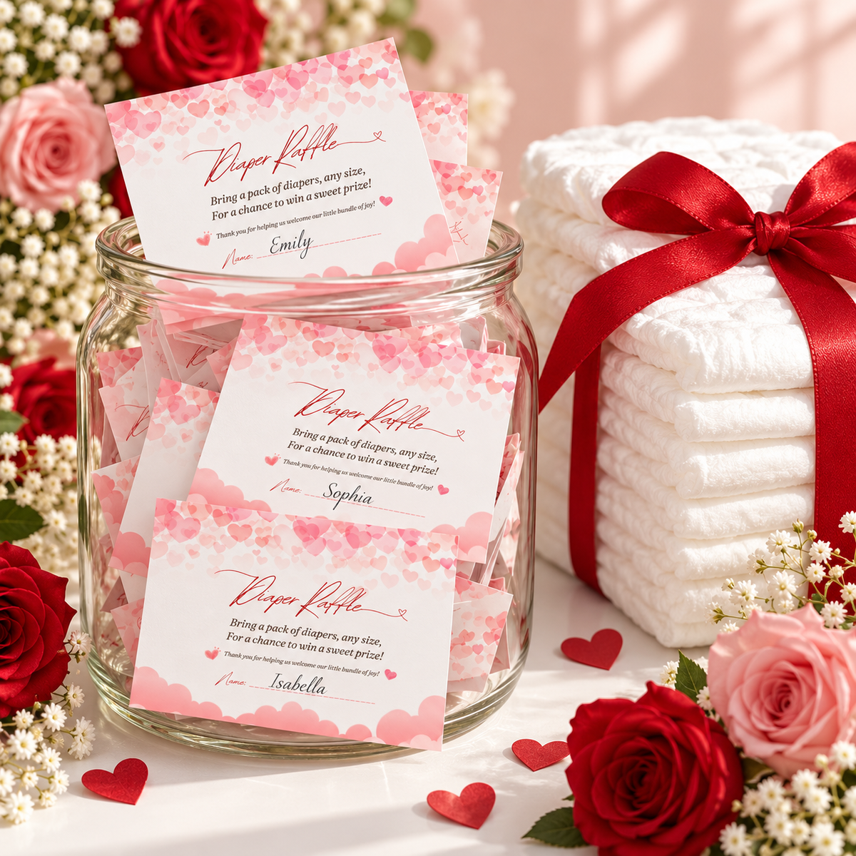 Valentine diaper raffle cards in a glass jar next to diapers tied with a red ribbon