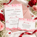 Sweet Little Valentine books for baby card tucked with the matching baby shower invitation on a blush envelope with pink and red roses