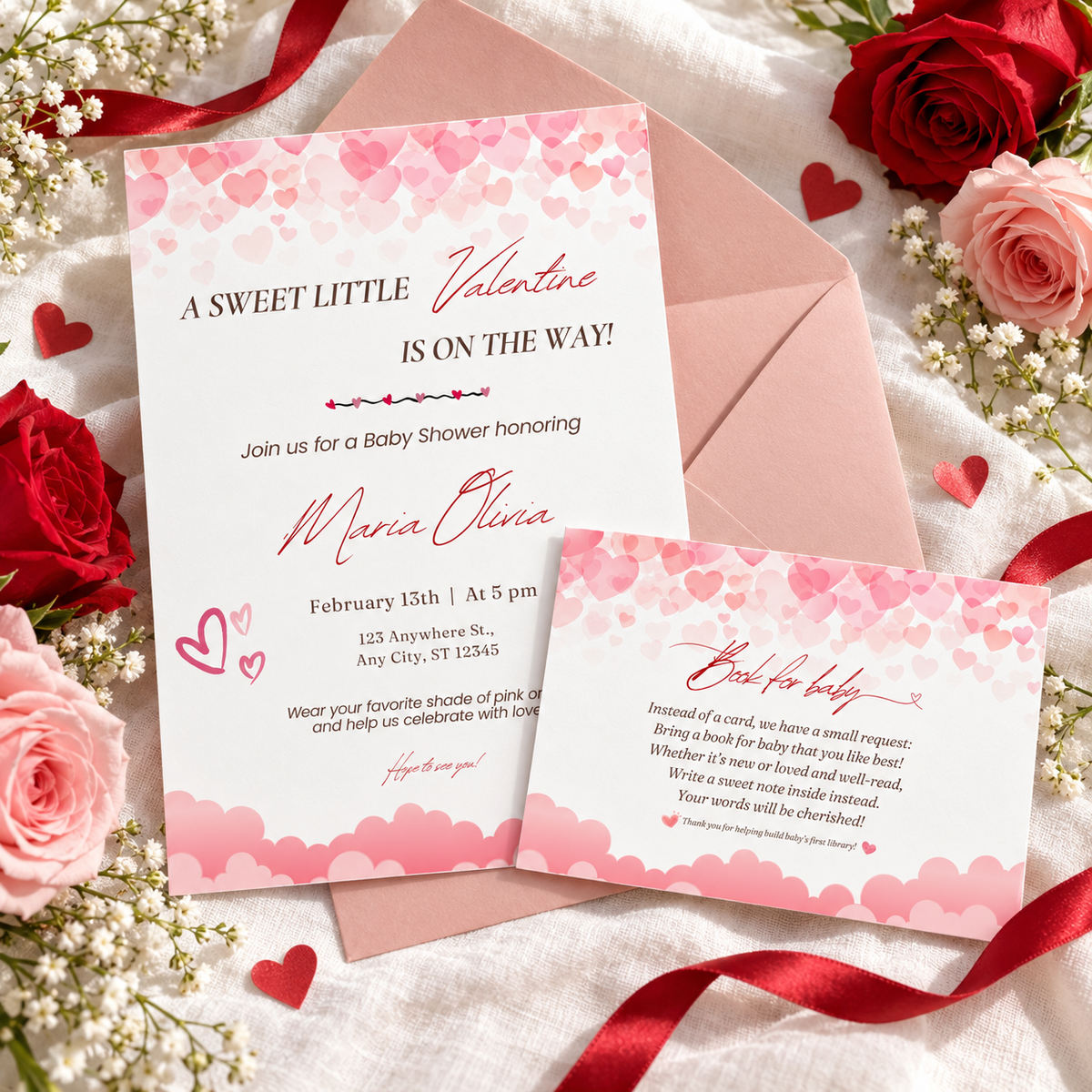Sweet Little Valentine books for baby card tucked with the matching baby shower invitation on a blush envelope with pink and red roses
