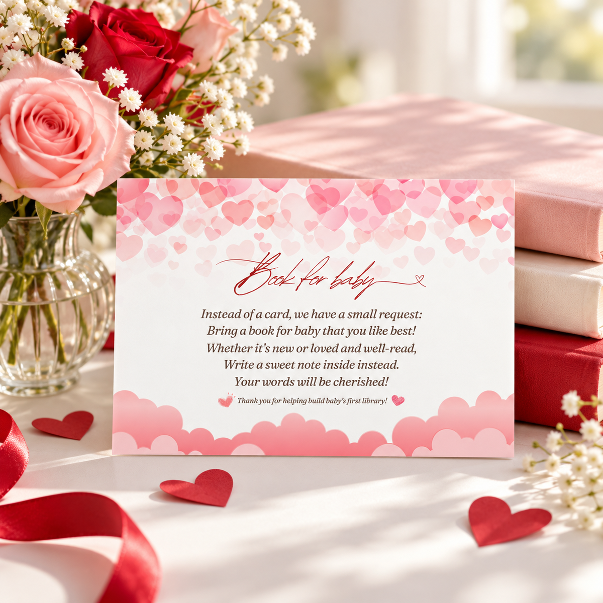 Pink heart books for baby card leaning on a stack of children's books with pink roses