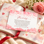 Valentine baby shower book request card tucked into an open picture book