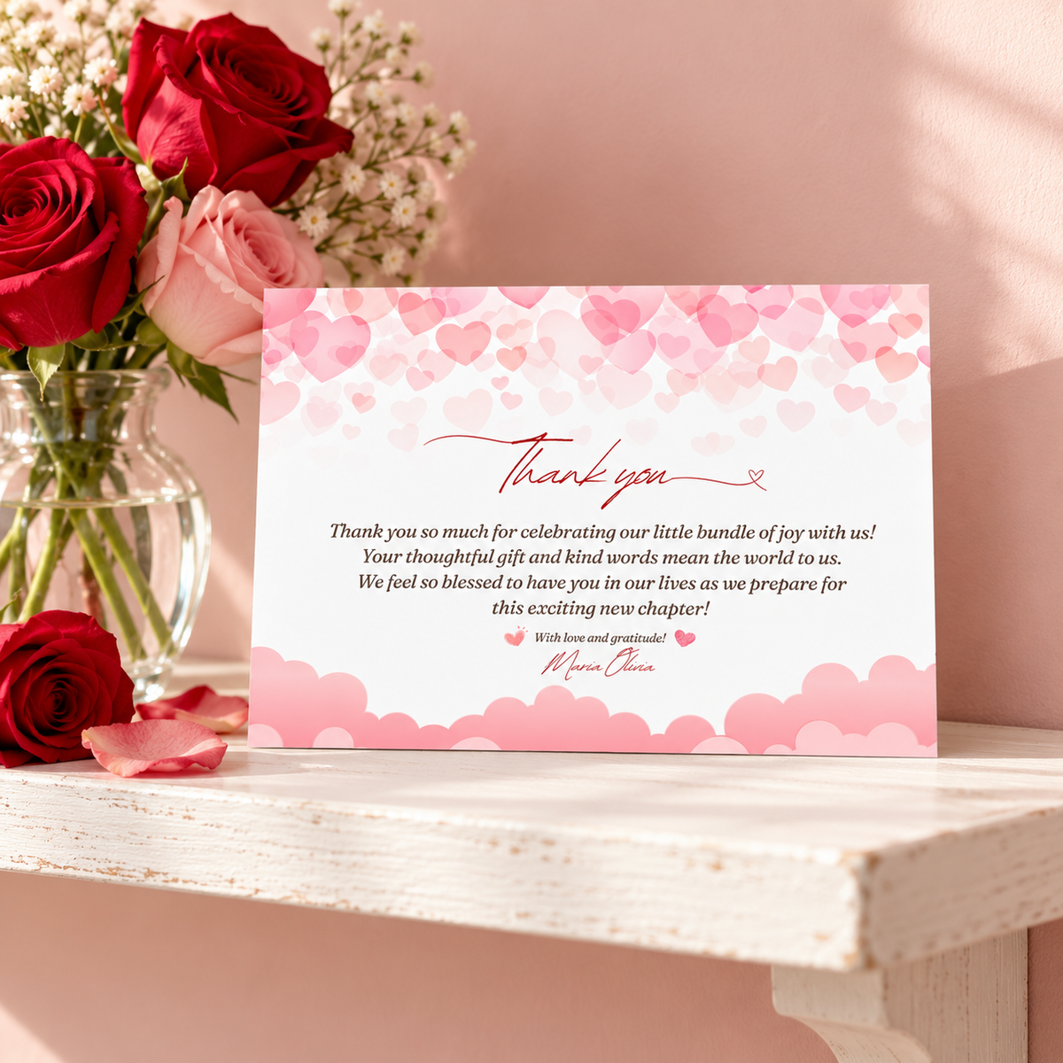 Sweet Little Valentine thank you card propped on a shelf next to a small vase of red roses