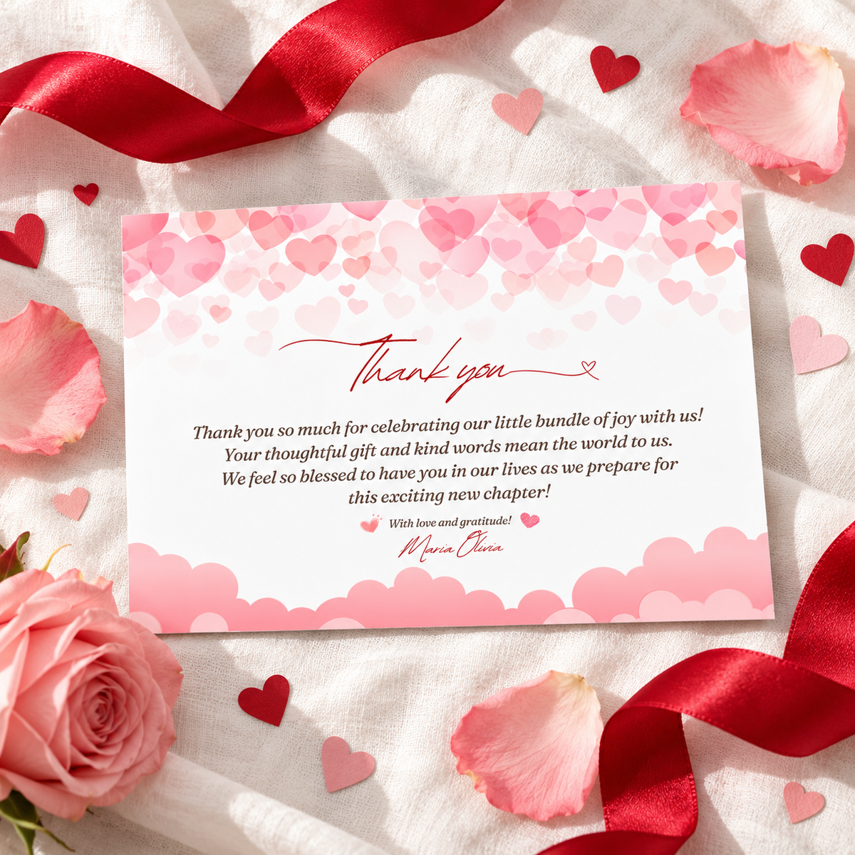 Flat lay of the pink hearts thank you card with red satin ribbon and heart confetti