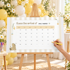 Guest writing a guess on the Classic Honey Bear due date calendar with a yellow marker
