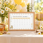 Framed Classic Honey Bear guess the date calendar on a gift table with honey jars and daisies
