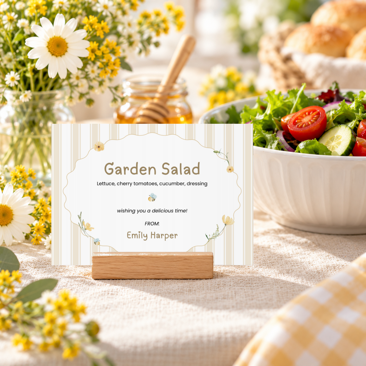 Close-up of a Classic Honey Bear food label for garden salad with honey jar and wildflowers