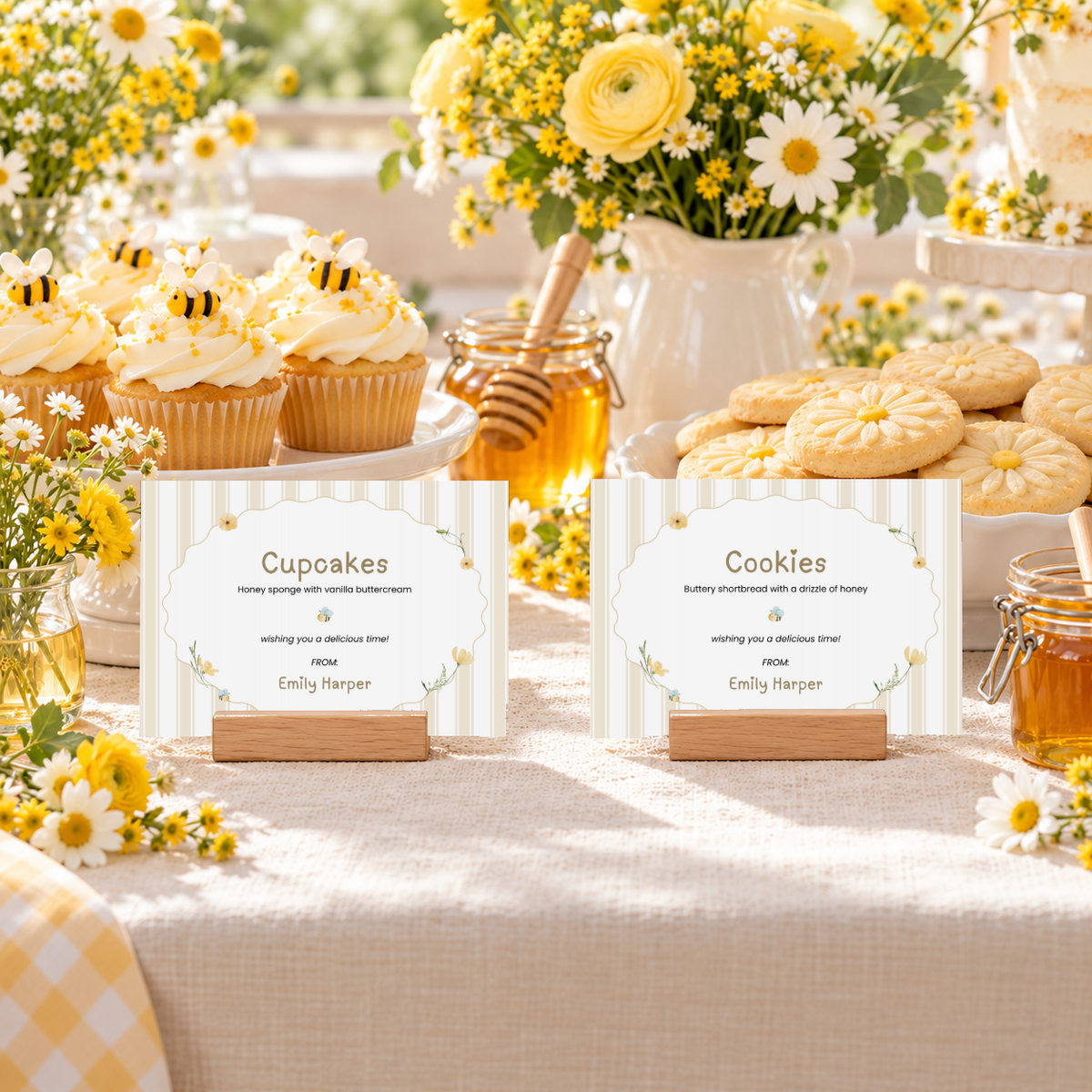 Classic Honey Bear food labels for cupcakes and cookies on a honey bee dessert table