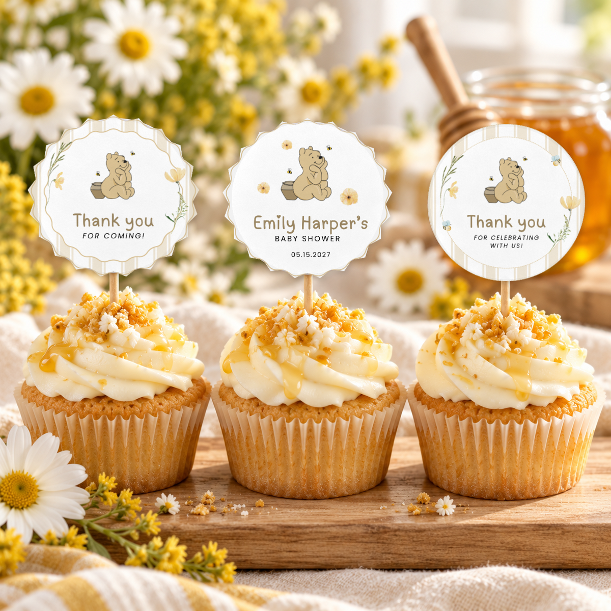 Close-up of three Classic Honey Bear cupcake toppers: Thank you for coming, name with Baby Shower and Thank you for celebrating with us