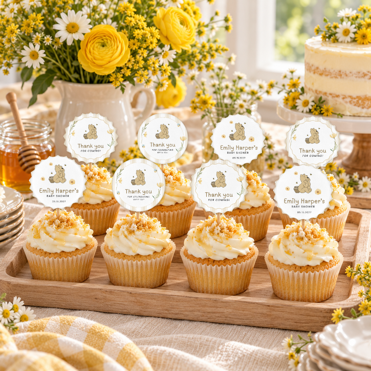 Honey bear baby shower dessert table with cupcakes, printable cupcake toppers and yellow flowers