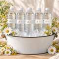 Classic Honey Bear baby shower water bottle labels on bottles in a white enamel ice bucket with daisies and yellow wildflowers