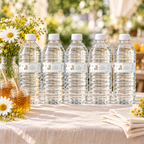 Row of honey bear baby shower water bottles with printable labels on a cream linen drinks table with honey jars and daisies