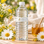 Close-up of a Classic Honey Bear water bottle label with Pure Refreshment wording next to a honey jar and daisies