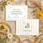 Front and back of the Classic Honey Bear thank you card in a flat lay with jute twine and yellow flowers