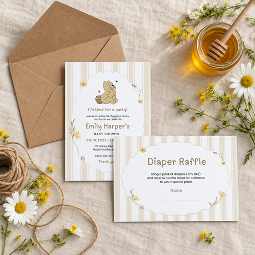 Classic Honey Bear diaper raffle card tucked in with the matching honey bear baby shower invitation on a kraft envelope with daisies and honey