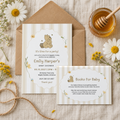 Classic Honey Bear books for baby card with the matching baby shower invitation on a kraft envelope with honey and daisies