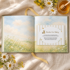 Classic Honey Bear books for baby card tucked into an open picture book