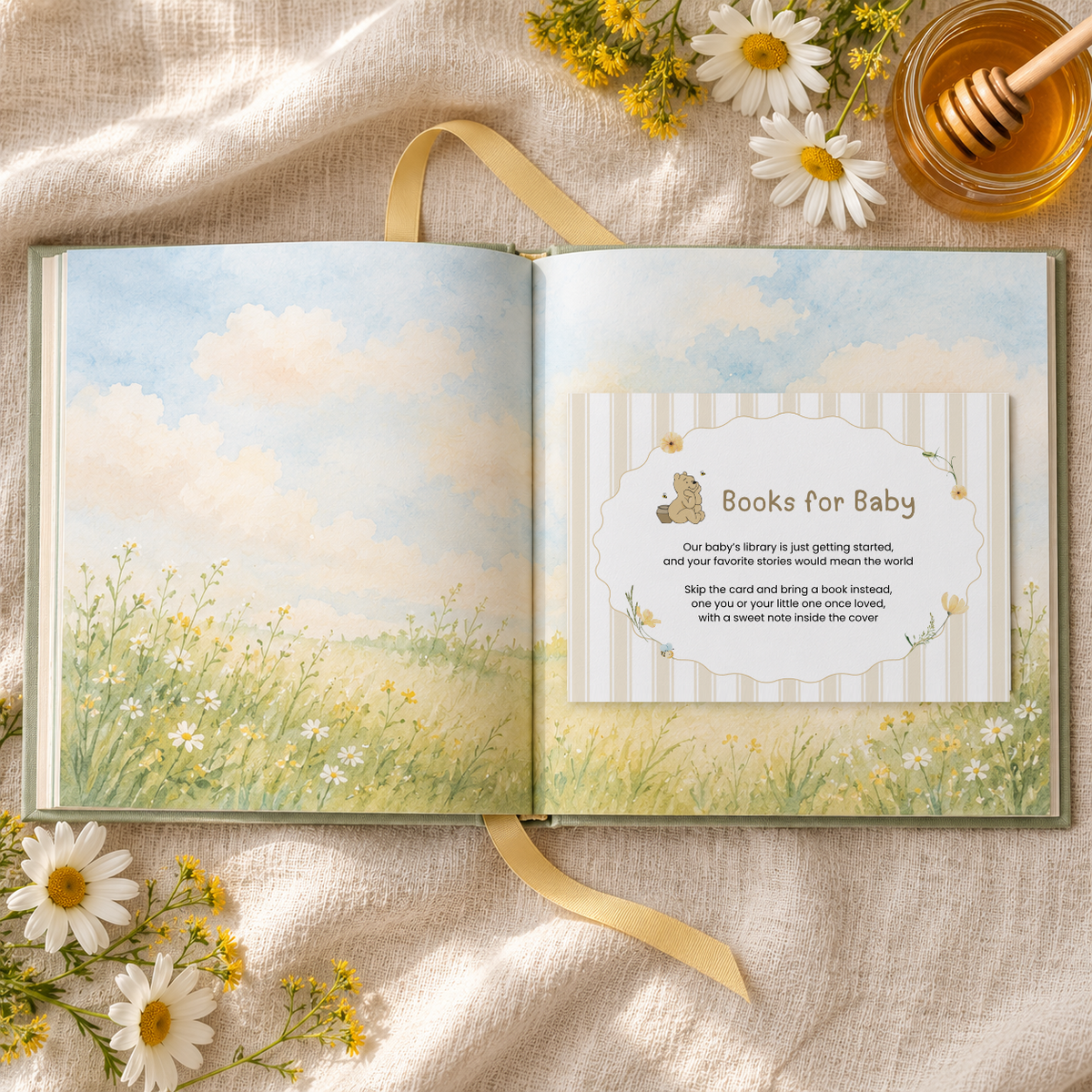 Classic Honey Bear books for baby card tucked into an open picture book