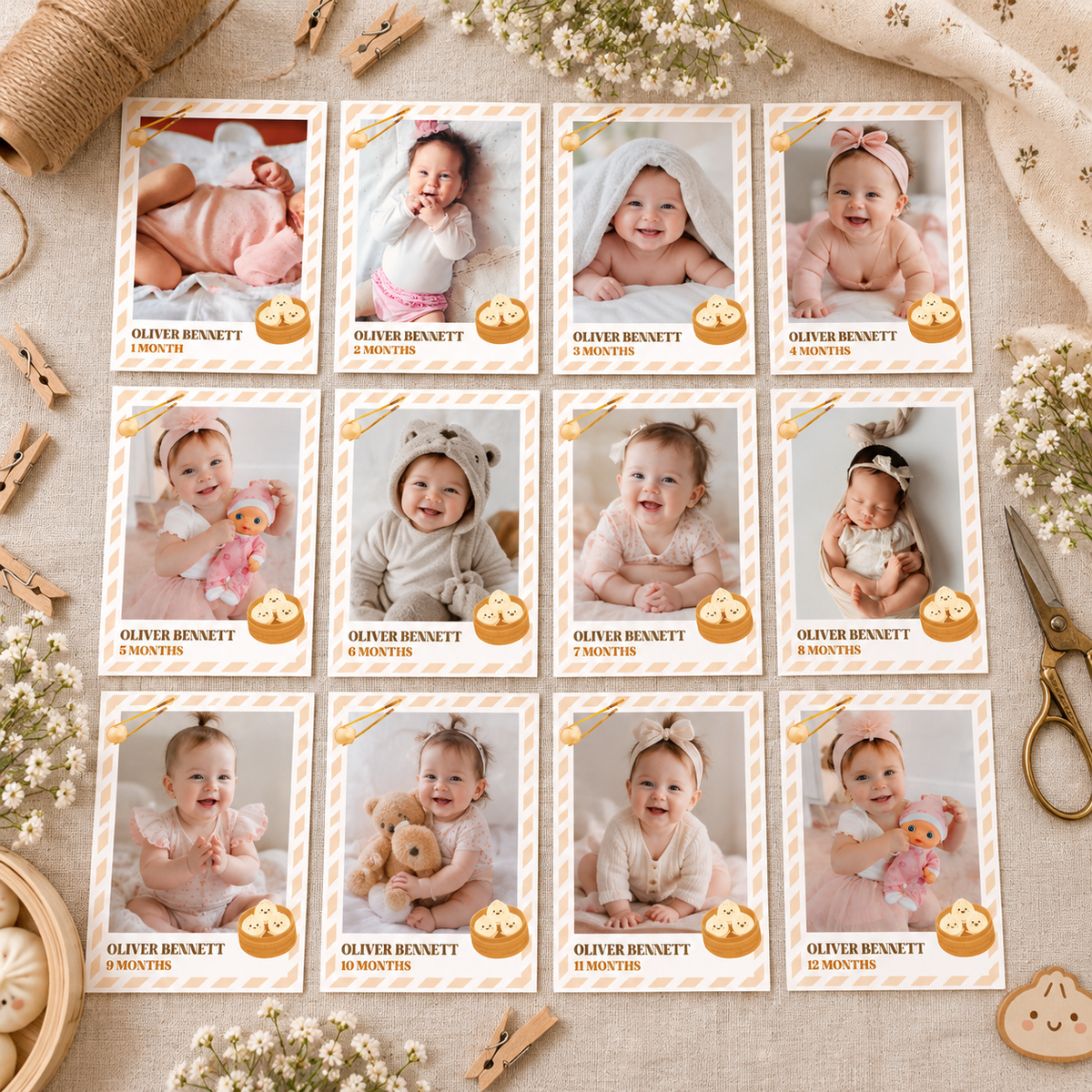 Flat lay of twelve printed little dumpling monthly photo cards