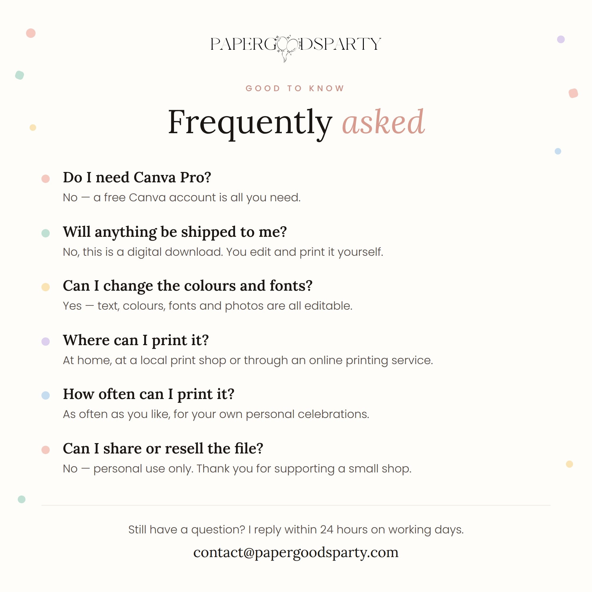 FAQ for Paper Goods Party printable Canva templates and digital downloads