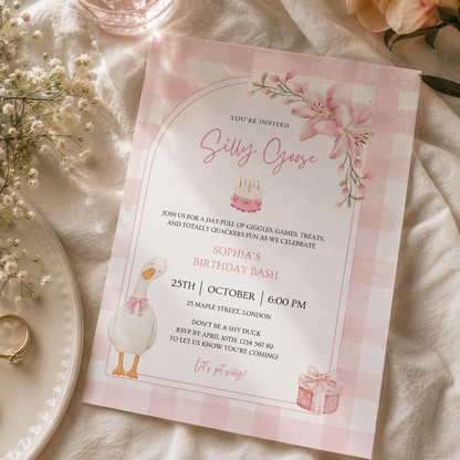 Printable silly goose party invitation card for a kids birthday