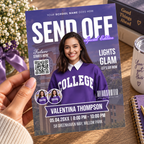 Purple photo collage prom invitation template with ribbon name banner, printed at 8.5 x 11 inches