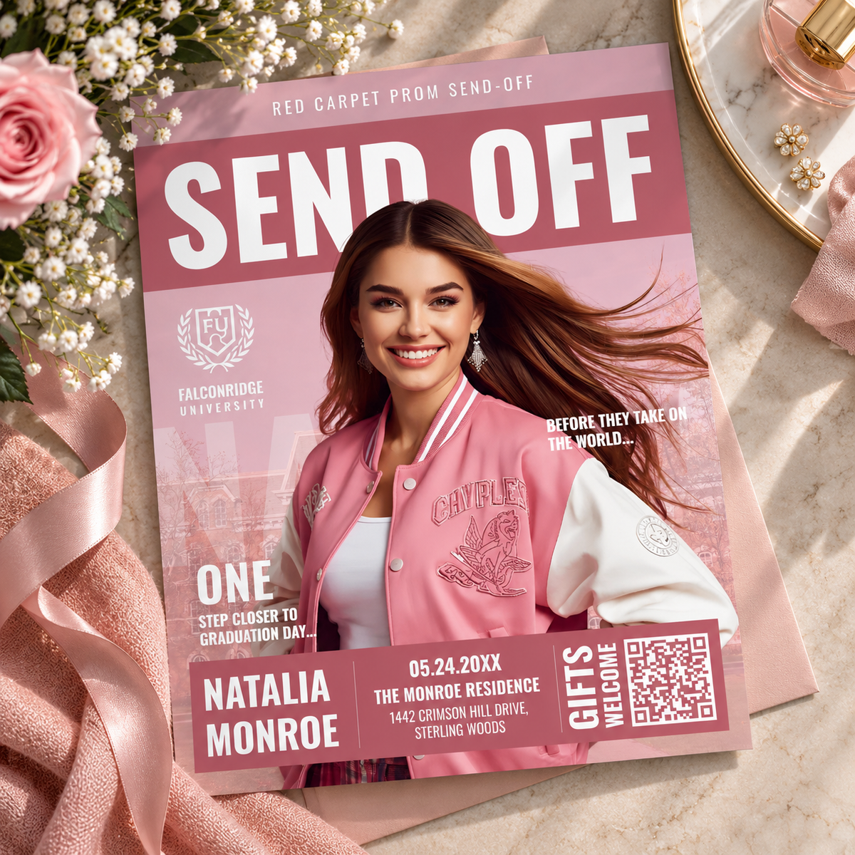 Prom send off invitation printable template in magazine cover style with photo and QR code