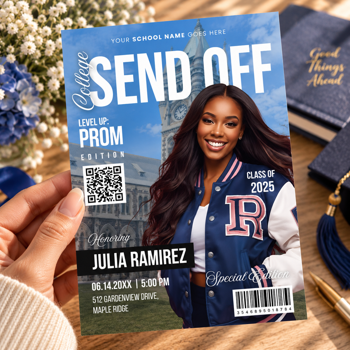 Editable prom send off invitation template with school name line, shown printed at 8.5 x 11 inches
