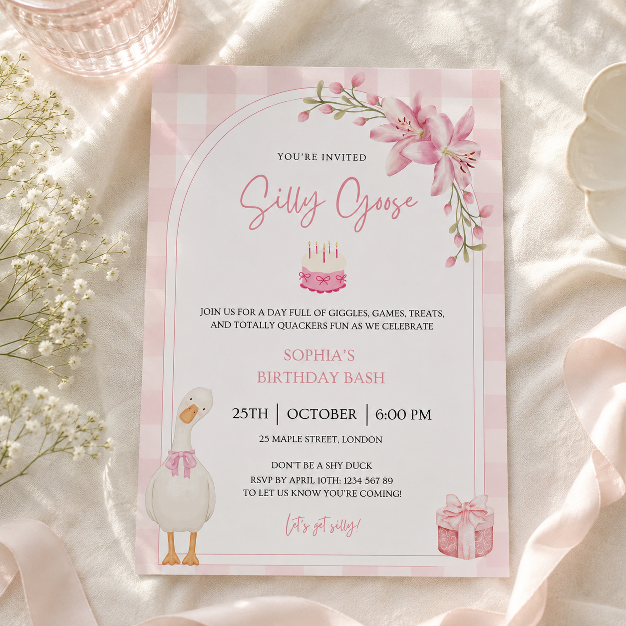 Silly goose birthday invitation template, editable in Canva