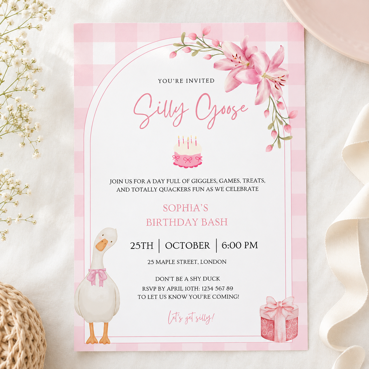 Silly goose birthday invitation in pink gingham, editable Canva template