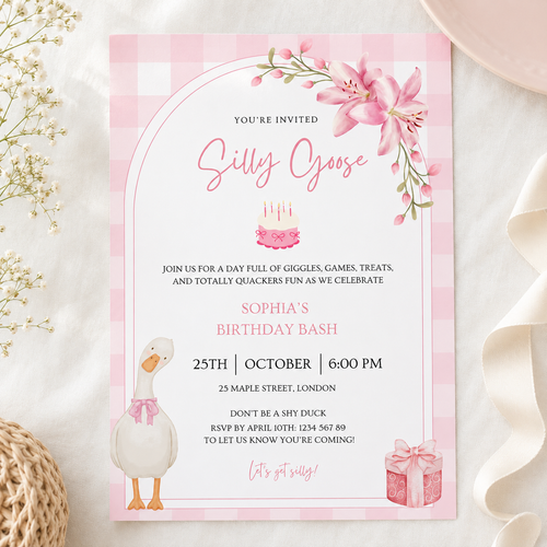 Silly goose birthday invitation in pink gingham, editable Canva template