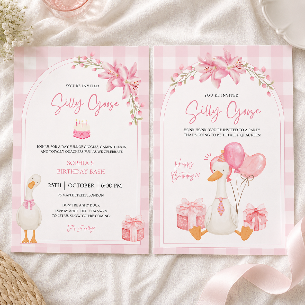 Silly goose birthday invitation printable template, two pink gingham cards