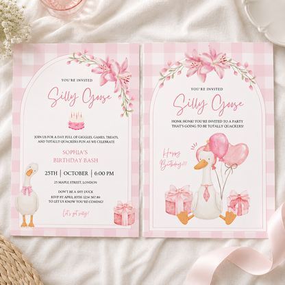 Silly goose birthday invitation printable template, two pink gingham cards