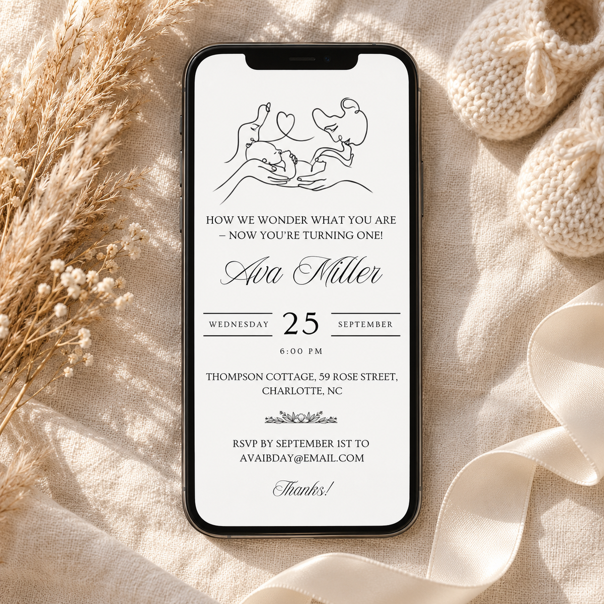 Matching twinkle little star 1st birthday e-vite on a phone screen, editable in Canva