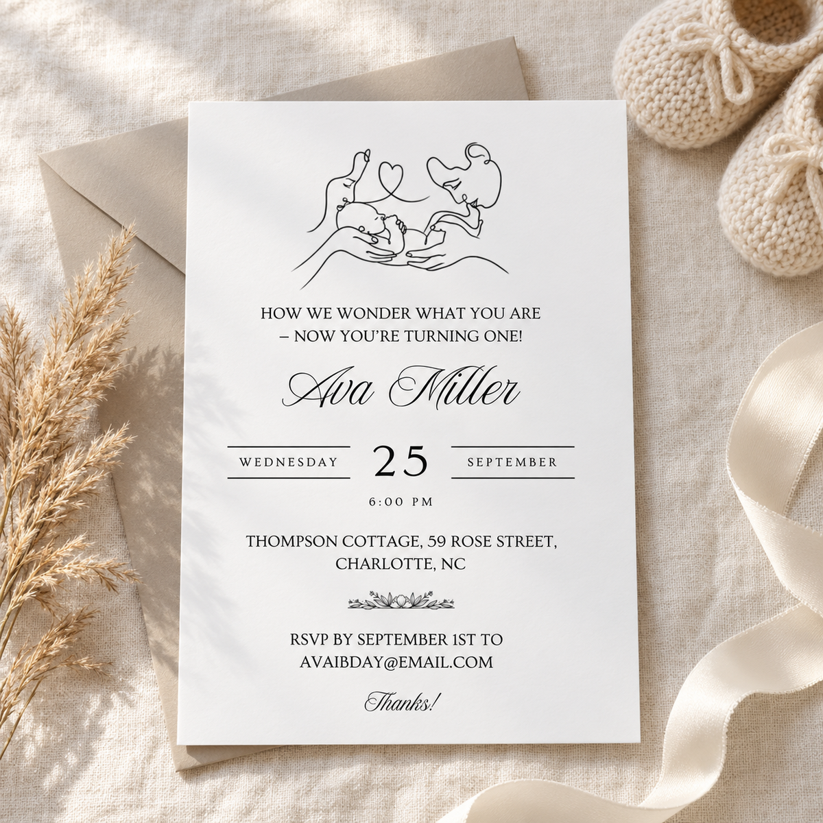 Twinkle little star 1st birthday invitation printable template with line art parents and baby, flat lay with pampas grass