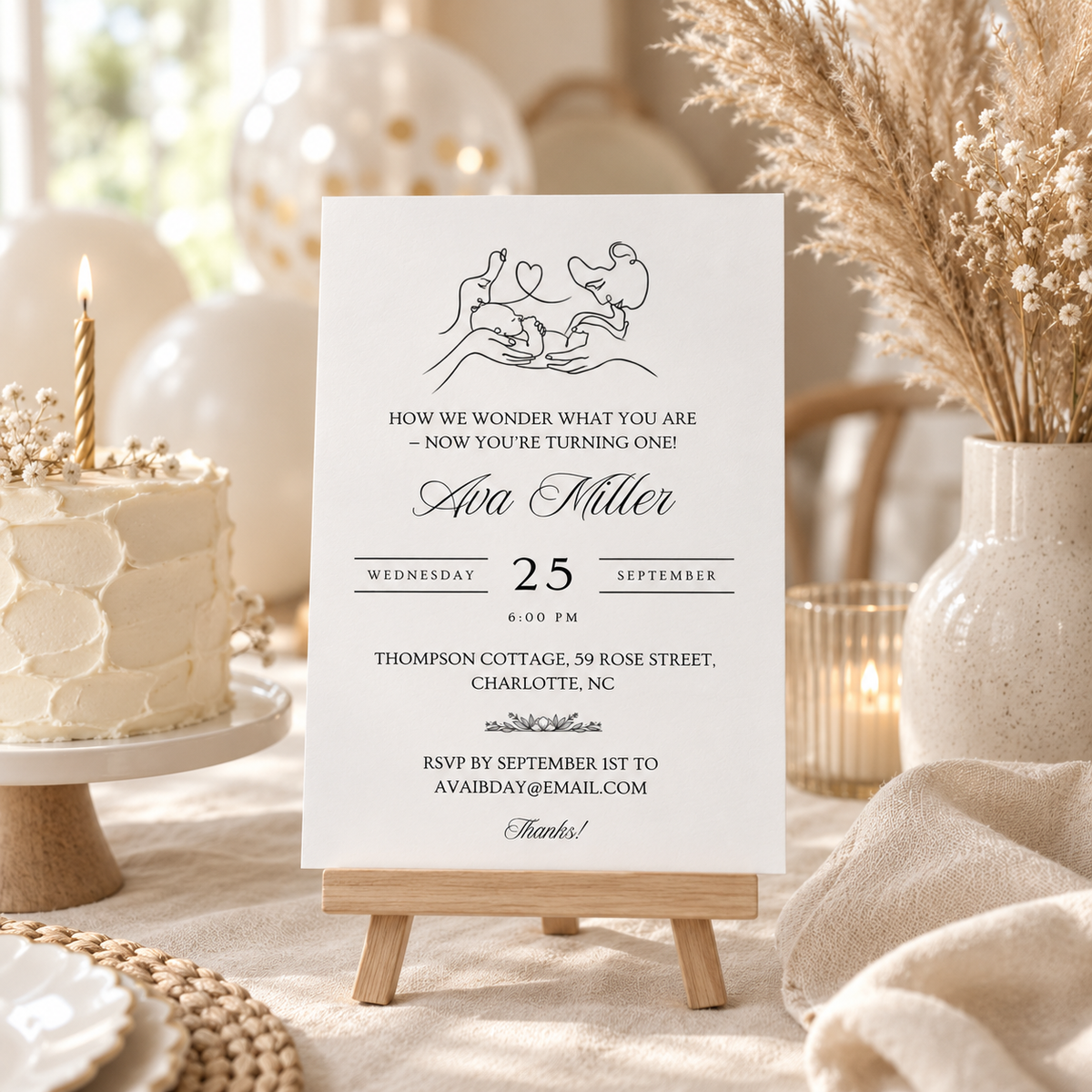 Elegant neutral first birthday table with the printed line art invitation on an easel and a white cake