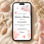 Matching under the sea 1st birthday e-vite on a phone screen, editable in Canva