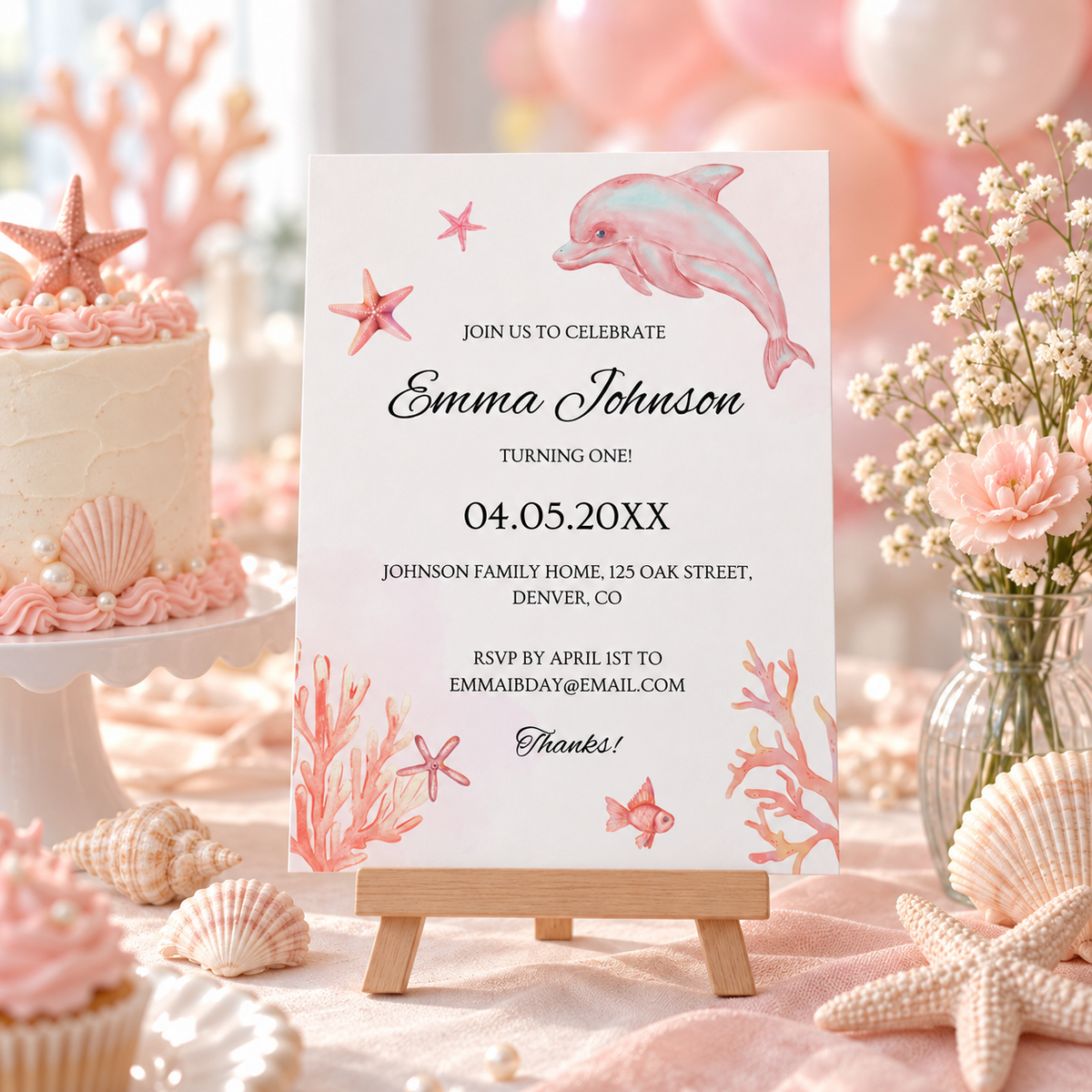 Ocean themed first birthday party table with the printed under the sea invitation on an easel, cake and pink balloons