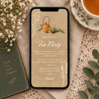 Vintage tea party e-vite in phone size on kraft background for sending by message