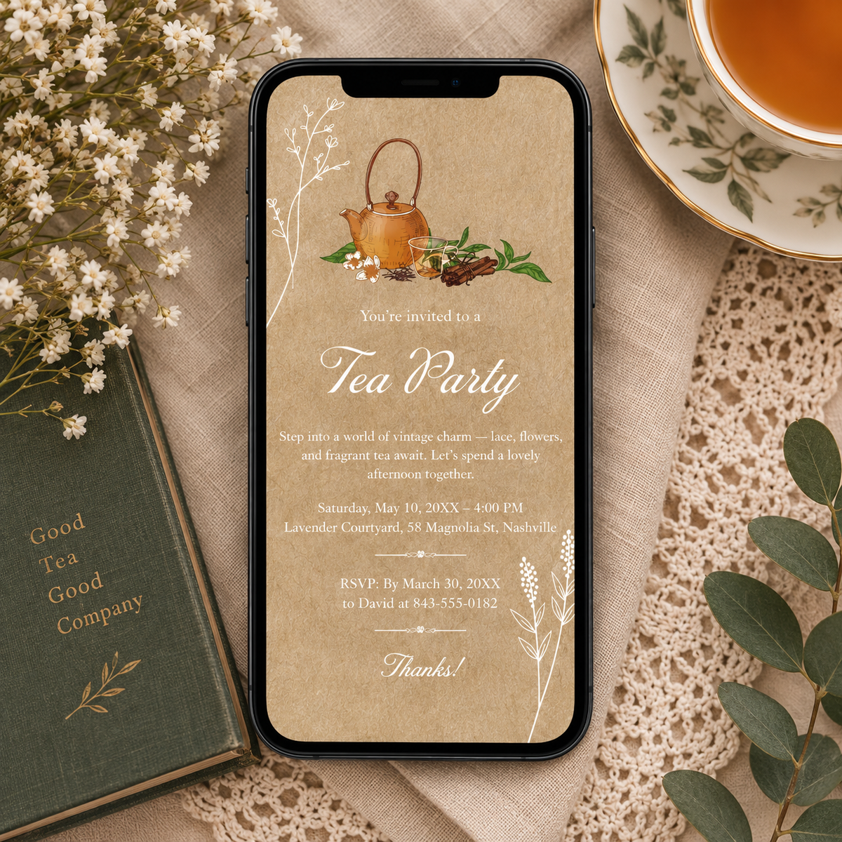 Vintage tea party e-vite in phone size on kraft background for sending by message