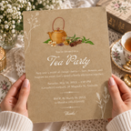 Kraft tea party invitation template shown printed at 8.5 x 11 inches on cardstock